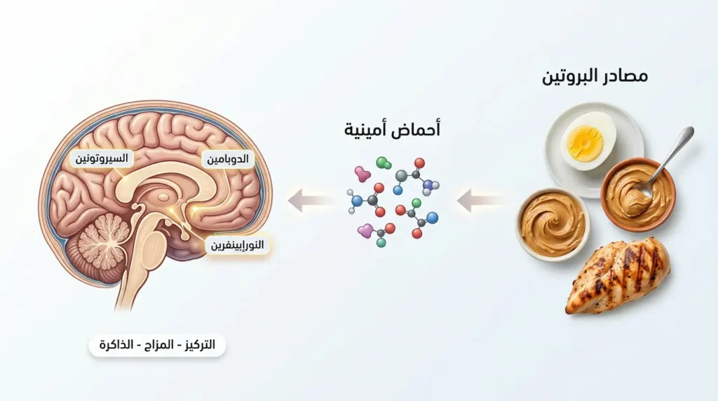 مخطط علمي يوضح كيف تتحول البروتينات من مصادر غذائية مثل البيض والدجاج إلى أحماض أمينية ثم إلى ناقلات عصبية كالدوبامين والسيروتونين في الدماغ