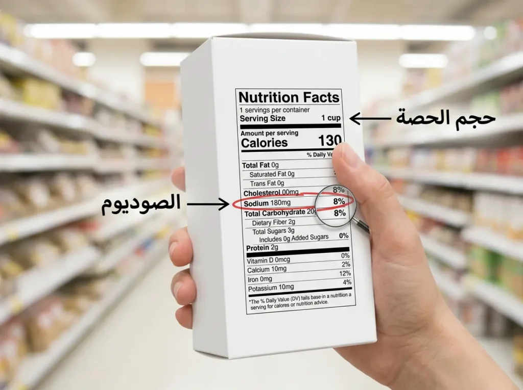 صورة واقعية ليد تمسك عبوة غذائية وتقرأ الملصق الغذائي مع تحديد خانة الصوديوم وحجم الحصة بدائرة حمراء