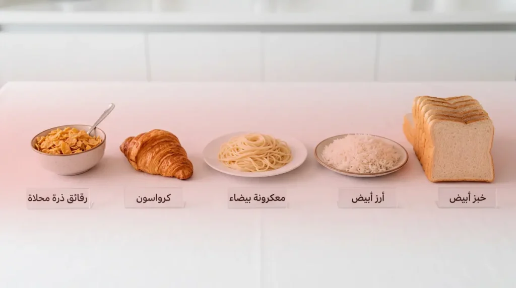 أطعمة تحتوي على كربوهيدرات مكررة يجب على مريض السكري تجنبها تشمل الخبز الأبيض والأرز الأبيض والمعكرونة البيضاء والكرواسون ورقائق الذرة المحلاة