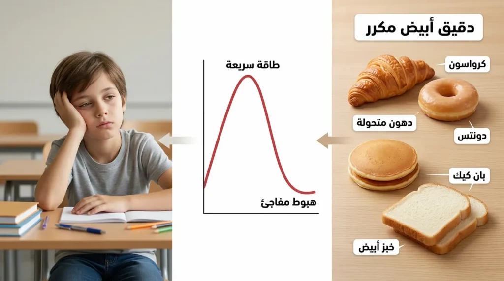 صورة مقارنة واقعية تعرض كرواسون ودونتس وبان كيك وخبزاً أبيض مع مخطط يوضح ارتفاع سكر الدم سريعاً ثم هبوطه المفاجئ وظهور التعب على طفل في الصف