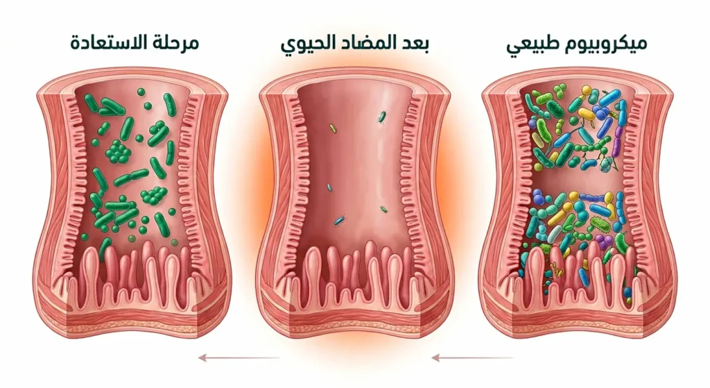  صورة مقارنة واقعية تُظهر حالة ميكروبيوم الأمعاء قبل المضاد الحيوي وبعده وبعد استعادته بالبروبيوتيك