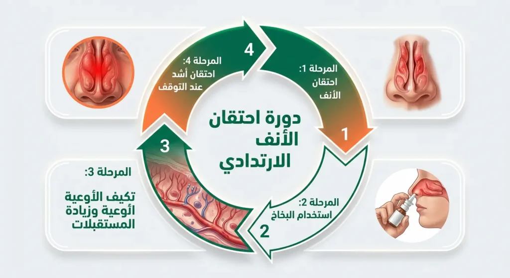  مخطط دائري واقعي يُوضح دورة احتقان الأنف الارتدادي الناتج عن الإفراط في استخدام بخاخات مضادات الاحتقان