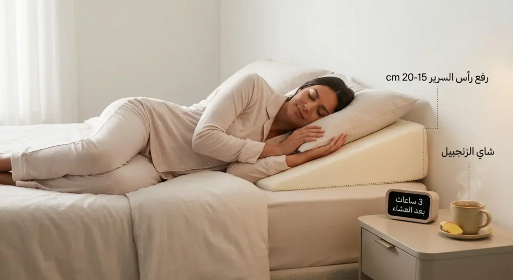 مشهد واقعي لغرفة نوم يُظهر شخصاً ينام على جانبه الأيمن مع رفع رأس السرير وكوب شاي زنجبيل على المنضدة كنصائح لعلاج متلازمة رومهيلد