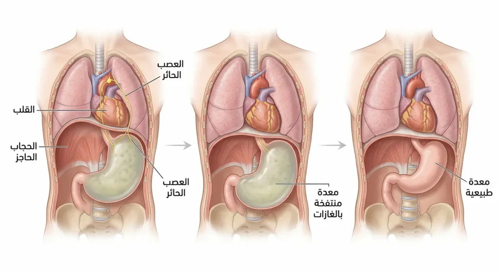 رسم تشريحي واقعي يُظهر ثلاث مراحل لتطور متلازمة رومهيلد من المعدة الطبيعية إلى المنتفخة ثم الضغط على الحجاب الحاجز والقلب مع إبراز العصب الحائر