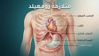 رسم توضيحي واقعي يُظهر ضغط المعدة المنتفخة على الحجاب الحاجز والقلب مع إبراز العصب الحائر، وعنوان متلازمة رومهيلد بالعربية