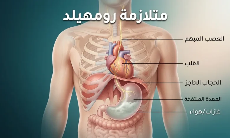 رسم توضيحي واقعي يُظهر ضغط المعدة المنتفخة على الحجاب الحاجز والقلب مع إبراز العصب الحائر، وعنوان متلازمة رومهيلد بالعربية