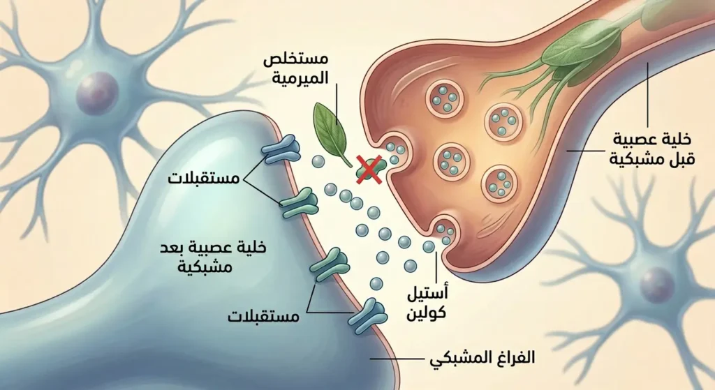 رسم توضيحي علمي يوضح آلية عمل الميرمية في تثبيط إنزيم أستيل كولين إستراز في الفراغ المشبكي بين الخلايا العصبية مما يحافظ على مستويات أستيل كولين ويعزز الذاكرة