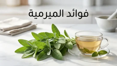صورة غلاف تعرض أوراق الميرمية الطازجة بجانب كوب شاي الميرمية على سطح رخامي مع عنوان فوائد الميرمية
