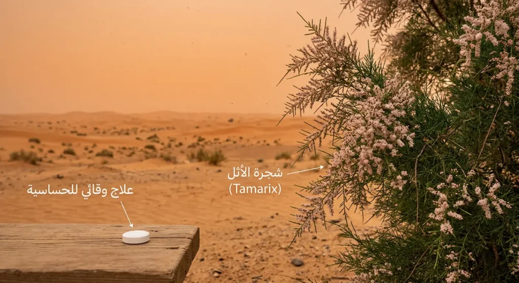 صورة واقعية تُظهر عاصفة رملية في بيئة سعودية وتأثيرها على أعراض الحساسية التنفسية