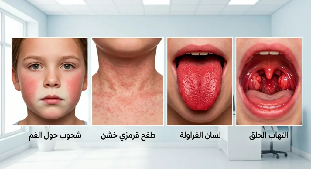 صورة طبية واقعية توضح العلامات السريرية الأساسية للحمى القرمزية عند طفل تشمل التهاب الحلق ولسان الفراولة والطفح القرمزي الخشن وشحوب المنطقة حول الفم