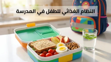 صندوق طعام مدرسي صحي يحتوي على ساندويتش خبز شوفان كامل وبيض مسلوق وفواكه وخضار طازجة على طاولة مطبخ مضاءة بنور الصباح