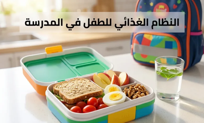 صندوق طعام مدرسي صحي يحتوي على ساندويتش خبز شوفان كامل وبيض مسلوق وفواكه وخضار طازجة على طاولة مطبخ مضاءة بنور الصباح