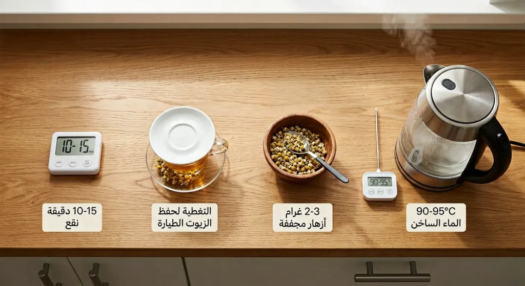 صورة واقعية تعرض خطوات تحضير شاي البابونج العلمية الصحيحة من تسخين الماء إلى النقع مع التسميات العربية