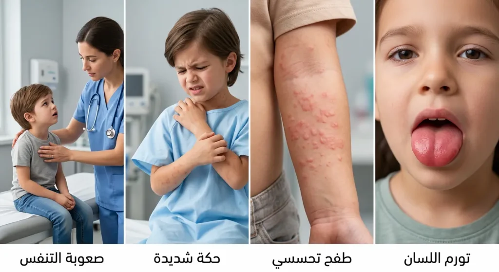 صورة طبية واقعية تشرح ملامح الحساسية الشديدة عند الأطفال مثل تورم اللسان والطفح التحسسي والحكة وصعوبة التنفس