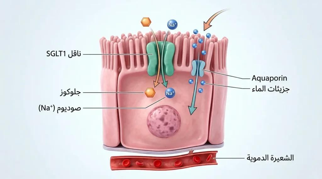 رسم ثلاثي الأبعاد واقعي يُوضّح آلية عمل ناقل SGLT1 في الخلية المعوية حيث يُمتص الجلوكوز والصوديوم معاً ويتبعهما الماء من تجويف الأمعاء إلى الدم
