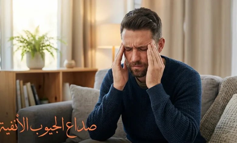 رجل يضغط بيديه على جبهته وخديه من ألم صداع الجيوب الأنفية