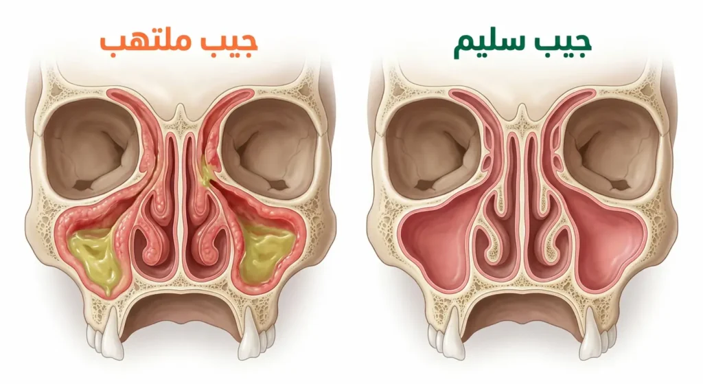 مقطع مجهري يُظهر تورم الغشاء المخاطي وانسداد مسالك الجيوب الأنفية نتيجة الالتهاب