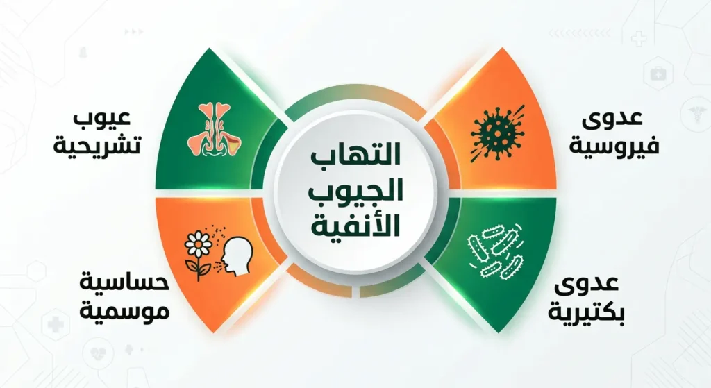  مخطط يُظهر الأسباب الرئيسية لالتهاب الجيوب الأنفية تشمل العدوى الفيروسية والبكتيرية والحساسية والعيوب التشريحية