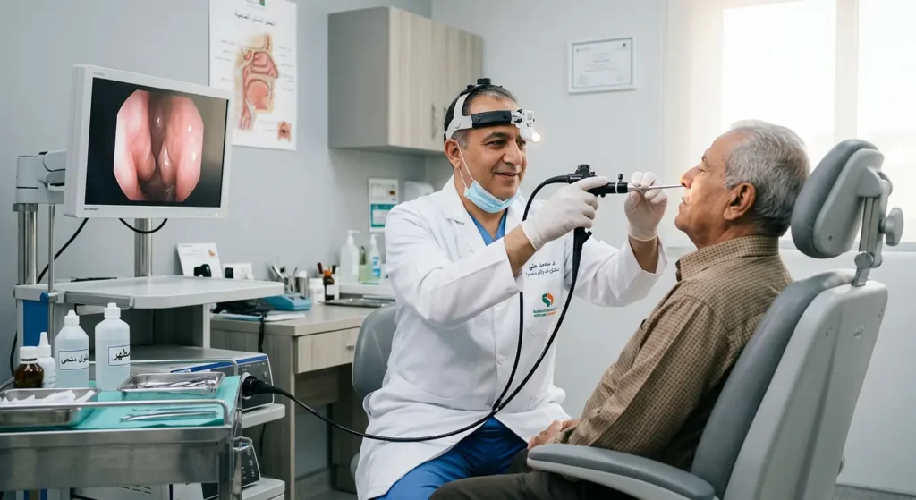 طبيب يستخدم منظار الأنف لفحص مريض في عيادة طب الأنف والأذن والحنجرة