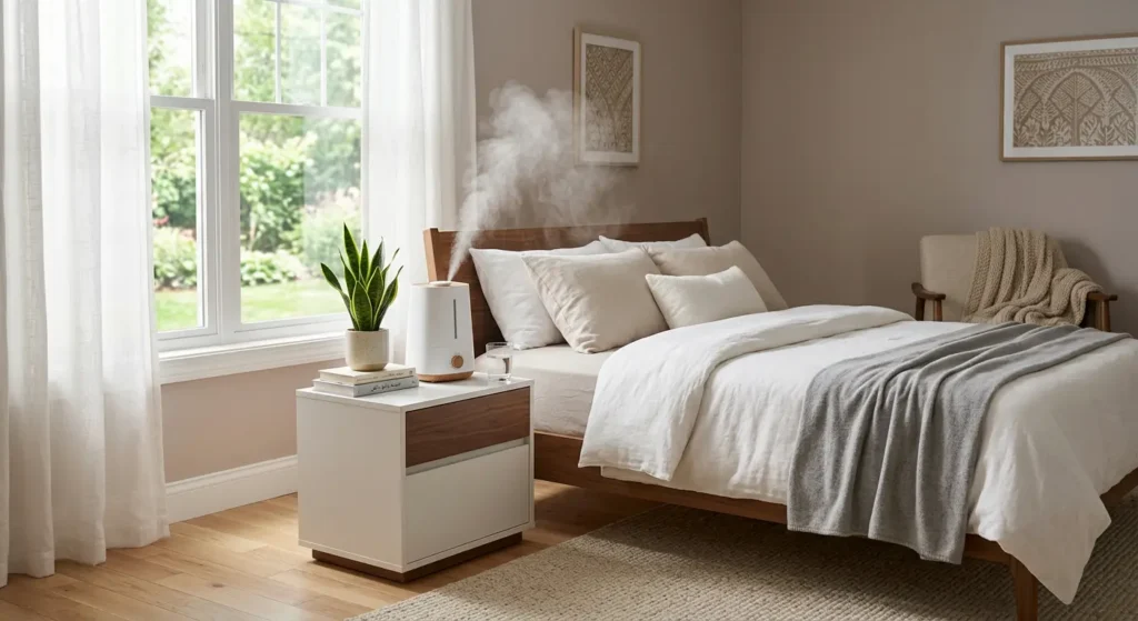 غرفة منزلية بها جهاز ترطيب هواء يعمل في بيئة نظيفة ومريحة كجزء من الوقاية من التهاب الجيوب الأنفية