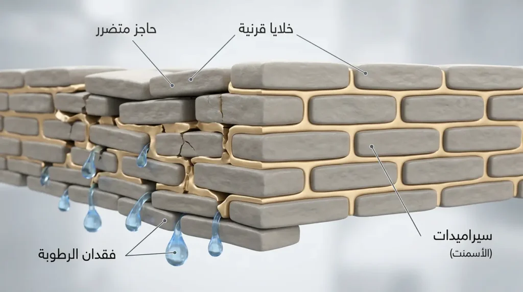 تصوير ثلاثي الأبعاد واقعي لنموذج الطوب والأسمنت في الطبقة القرنية يوضّح دور السيراميدات في سلامة حاجز البشرة