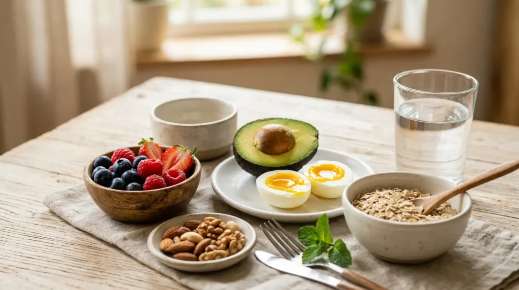 إفطار صحي صديق للبشرة يحتوي على أفوكادو وبيض وتوت وشوفان ومكسرات نيئة وكوب ماء في إضاءة صباحية طبيعية