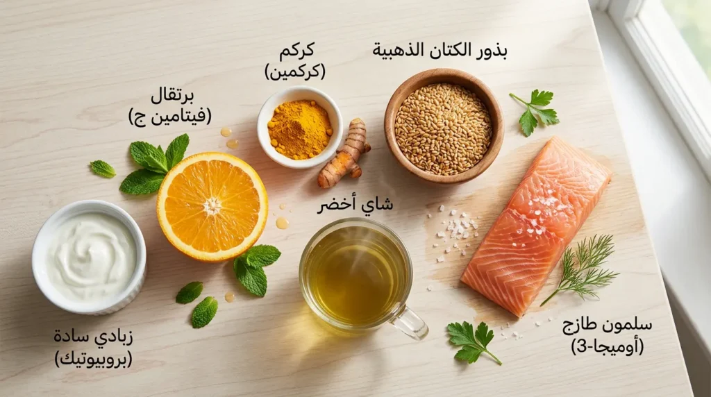 صورة تصوير غذائي احترافي تعرض أطعمة تدعم صحة البشرة بعد التقشير الكيميائي تشمل السلمون وبذور الكتان والشاي الأخضر والكركم والبرتقال واللبن