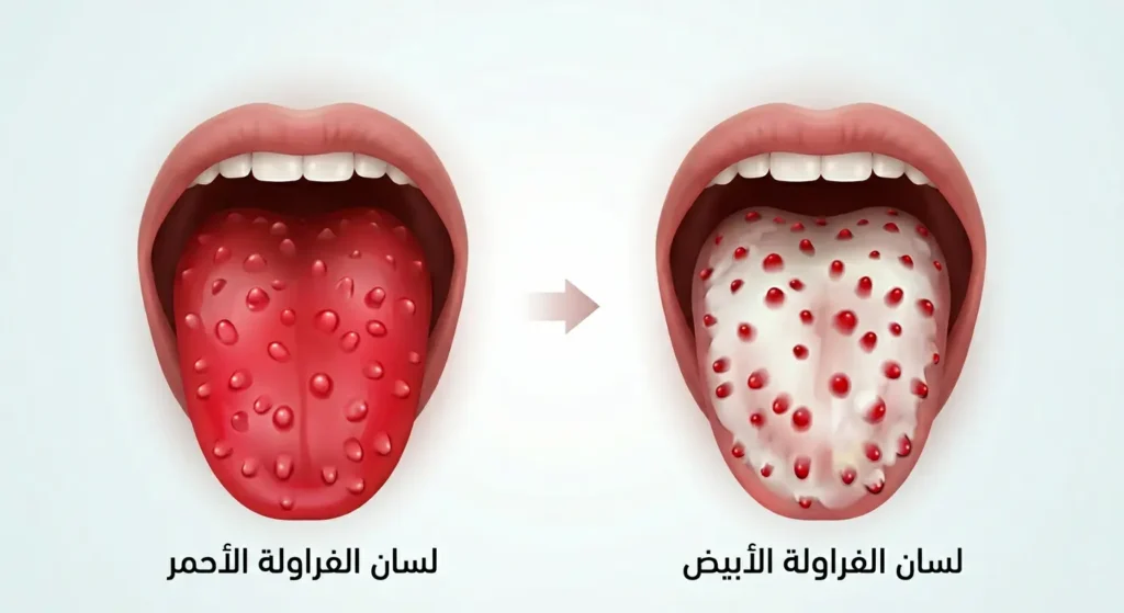 رسم توضيحي طبي واقعي يُظهر مرحلتي لسان الفراولة: المرحلة البيضاء على اليمين حيث تظهر حليمات حمراء متضخمة عبر طبقة بيضاء، والمرحلة الحمراء على اليسار حيث يصبح اللسان أحمر لامعاً بالكامل