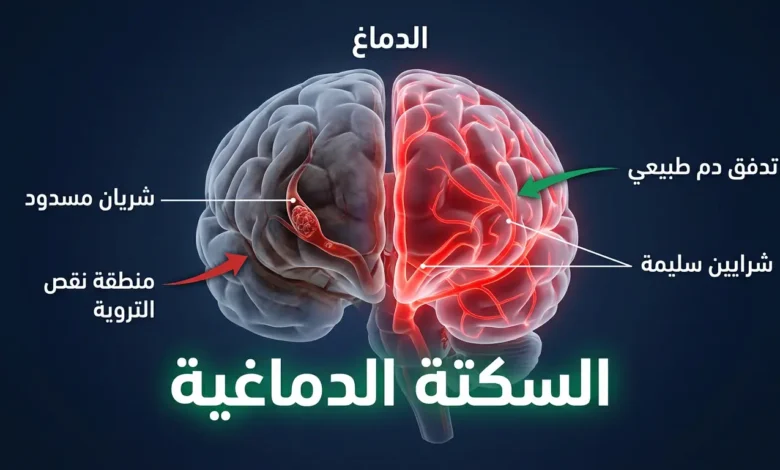 صورة توضيحية لدماغ بشري يظهر نصفه سليماً بتدفق دم طبيعي ونصفه الآخر مصاباً بانسداد شرياني يسبب السكتة الدماغية