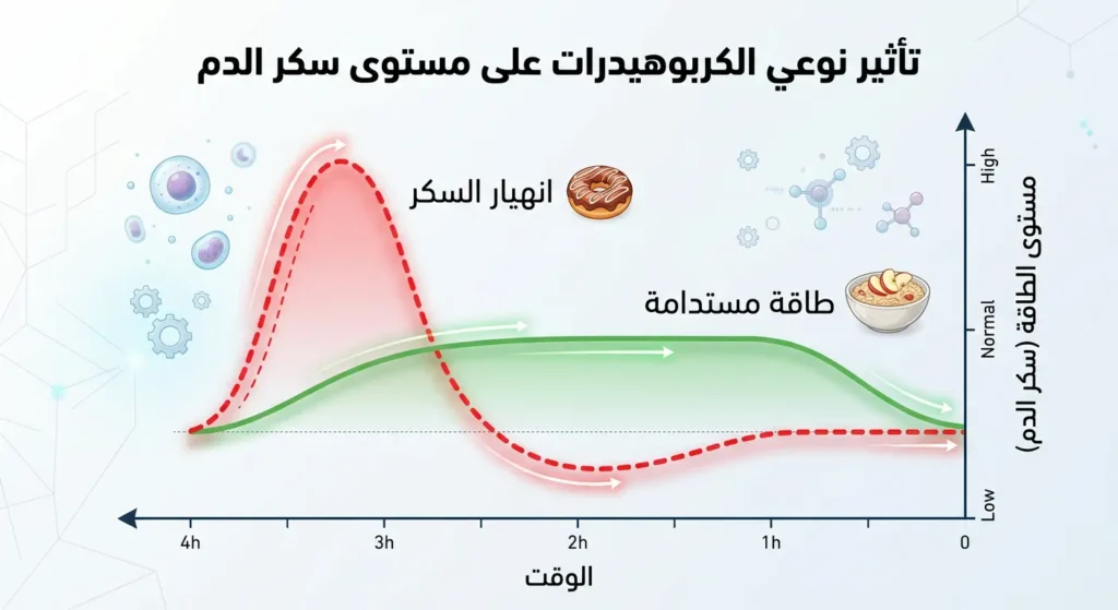 رسم بياني يوضح كيف تسبب السكريات البسيطة "انهيار السكر"، بينما توفر الكربوهيدرات المعقدة "طاقة مستدامة".