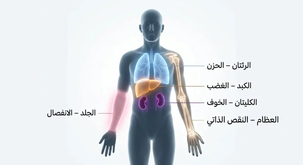 رسم تشريحي توضيحي يربط بين خمسة أعضاء جسدية والمشاعر المكبوتة المرتبطة بها حسب الطب الشعوري التصنيفي