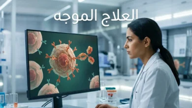 صورة واقعية توضح آلية العلاج الموجه في استهداف الخلايا السرطانية بدقة دون التأثير على الخلايا السليمة
