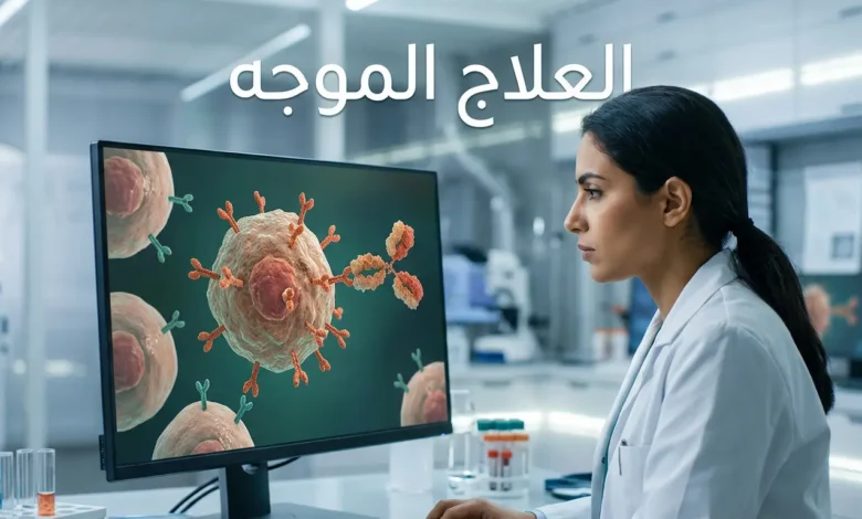 صورة واقعية توضح آلية العلاج الموجه في استهداف الخلايا السرطانية بدقة دون التأثير على الخلايا السليمة