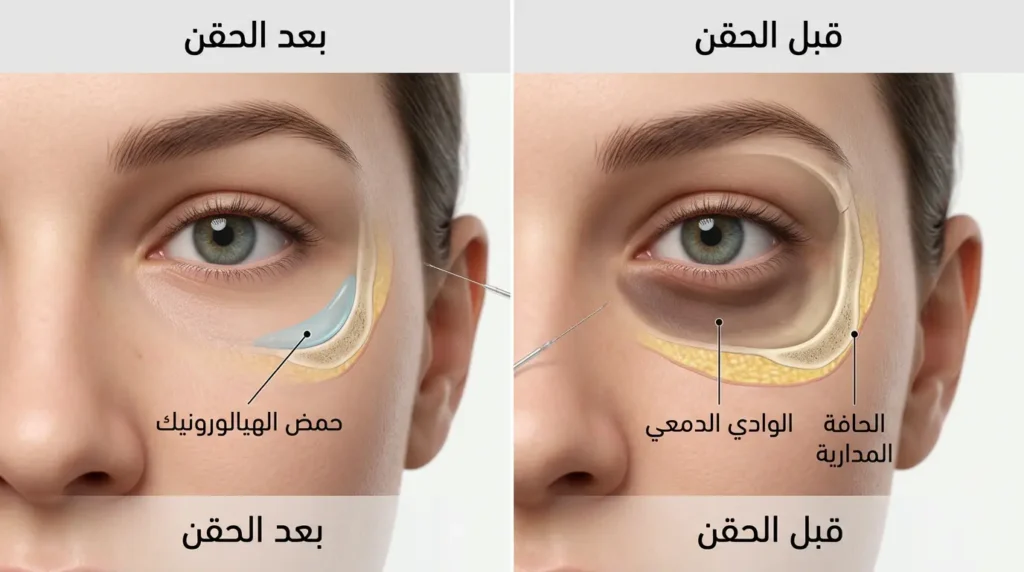 رسم طبي ثلاثي الأبعاد يقارن بين منطقة تحت العين قبل وبعد حقن فيلر حمض الهيالورونيك في الوادي الدمعي