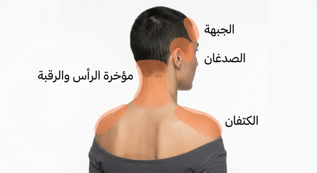 خريطة توضيحية تُظهر مناطق ألم صداع التوتر من الجبهة إلى الكتفين