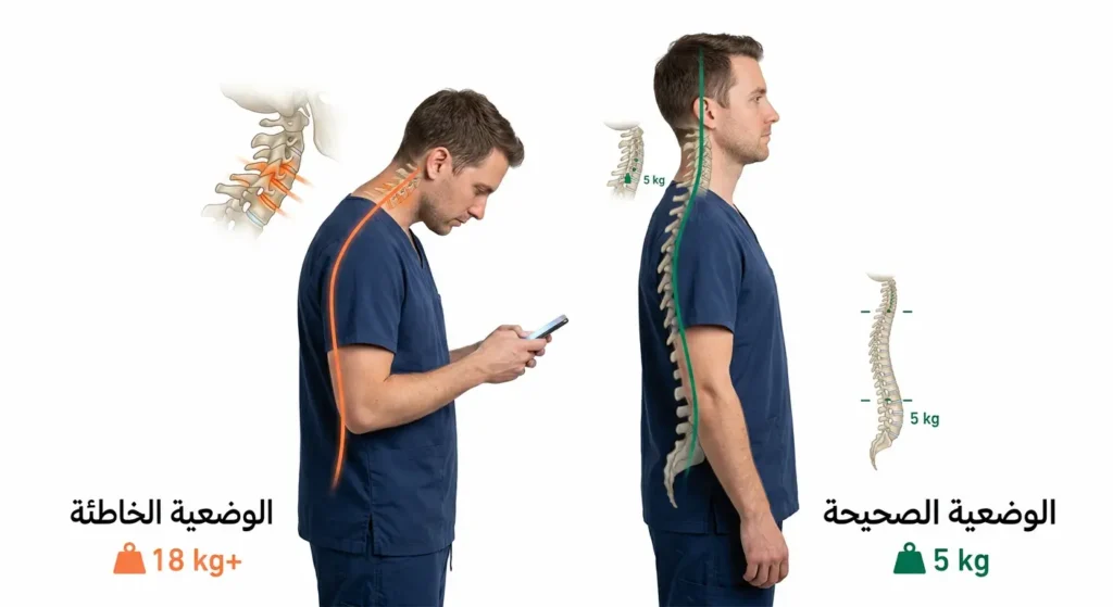 مقارنة بين وضعية الرقبة الصحيحة والخاطئة عند النظر للهاتف وتأثيرها على فقرات الرقبة