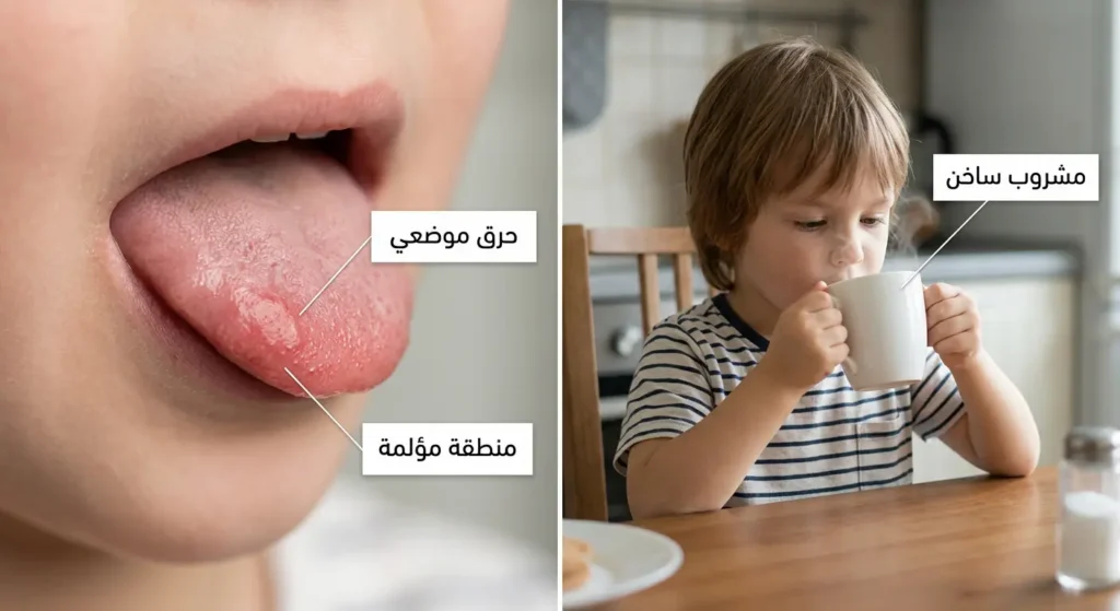 صورة توضيحية واقعية تُظهر سبب حروق اللسان الحرارية بسبب مشروب ساخن مع موضع احمرار محدود ومؤلم على اللسان