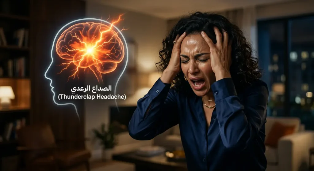 شخص يعاني من ألم شديد ومفاجئ يمثل الصداع الرعدي، وهو علامة حمراء تستدعي التوجه الفوري للطوارئ.