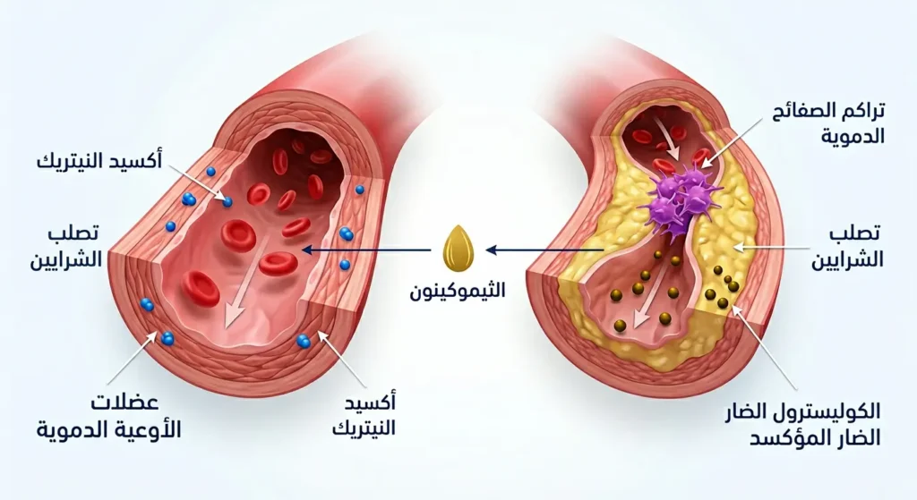 رسم توضيحي طبي يُظهر مقطعاً عرضياً لشريان دموي يُقارن بين شريان متصلب وآخر صحي مع دور الثيموكينون في تحفيز أكسيد النيتريك وتوسيع الأوعية