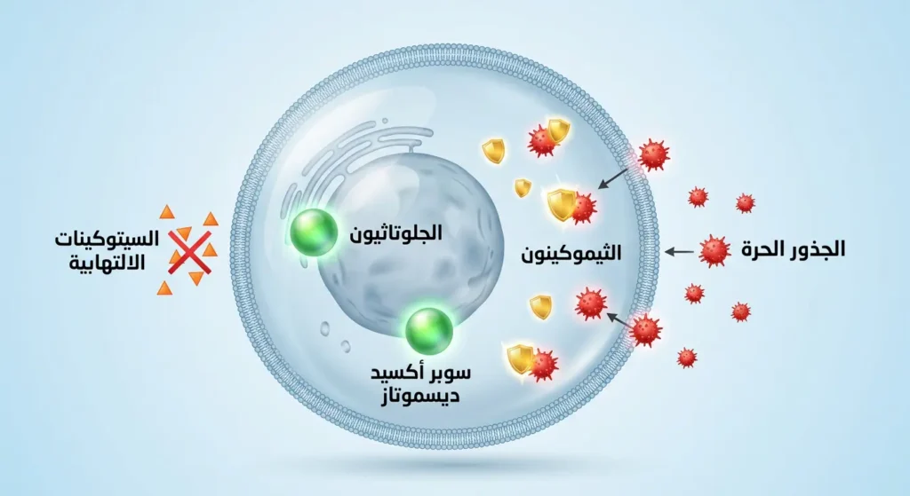  رسم توضيحي علمي يُظهر آلية عمل الثيموكينون داخل الخلية في تحييد الجذور الحرة وتحفيز إنزيمات مضادات الأكسدة الداخلية وتثبيط السيتوكينات الالتهابية