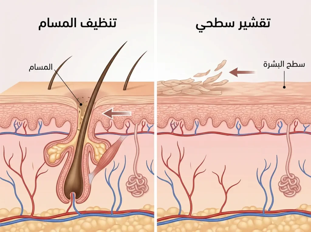 رسم طبي واقعي يوضح الفرق بين التقشير السطحي للبشرة وتنظيف المسام من الداخل.