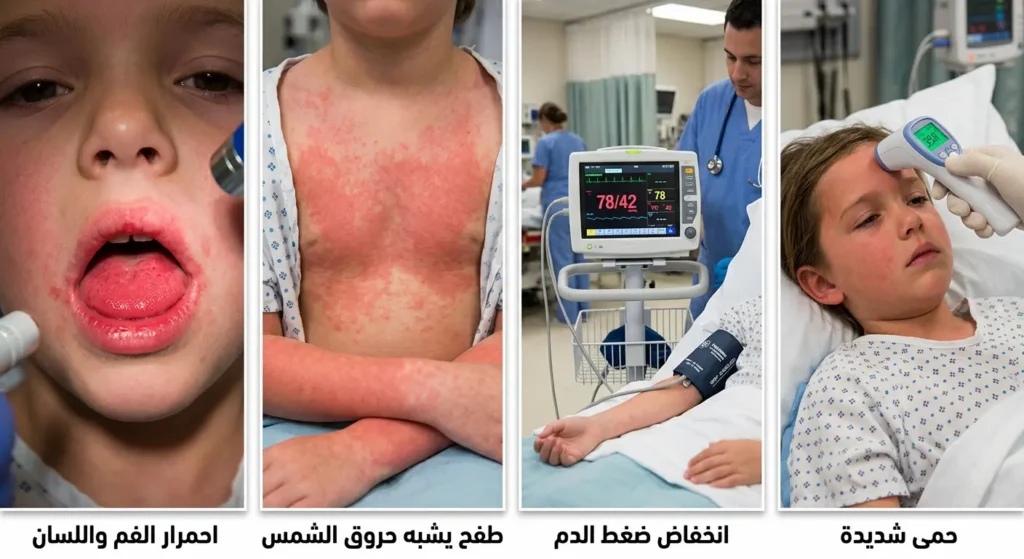 صورة طبية واقعية تشرح متلازمة الصدمة التسممية من خلال أربعة مظاهر أساسية تشمل الحمى الشديدة وانخفاض ضغط الدم والطفح المنتشر المشابه لحروق الشمس واحمرار الفم واللسان