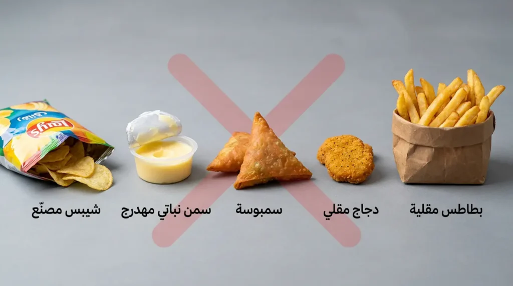 أطعمة تحتوي على دهون متحولة ومقليات يجب على مريض السكري تجنبها تشمل البطاطس المقلية والدجاج المقلي والسمبوسة والسمن النباتي المهدرج والشيبس المصنّع