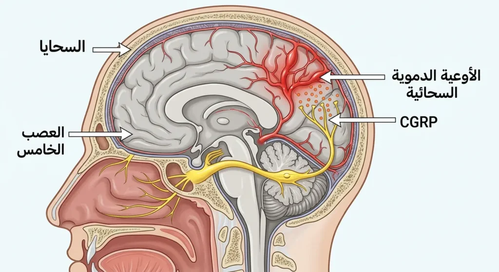 رسم تشريحي لمقطع جانبي من الرأس يوضح العصب الخامس والسحايا والأوعية الدموية السحائية المتوسعة وإفراز CGRP أثناء نوبة الصداع النصفي