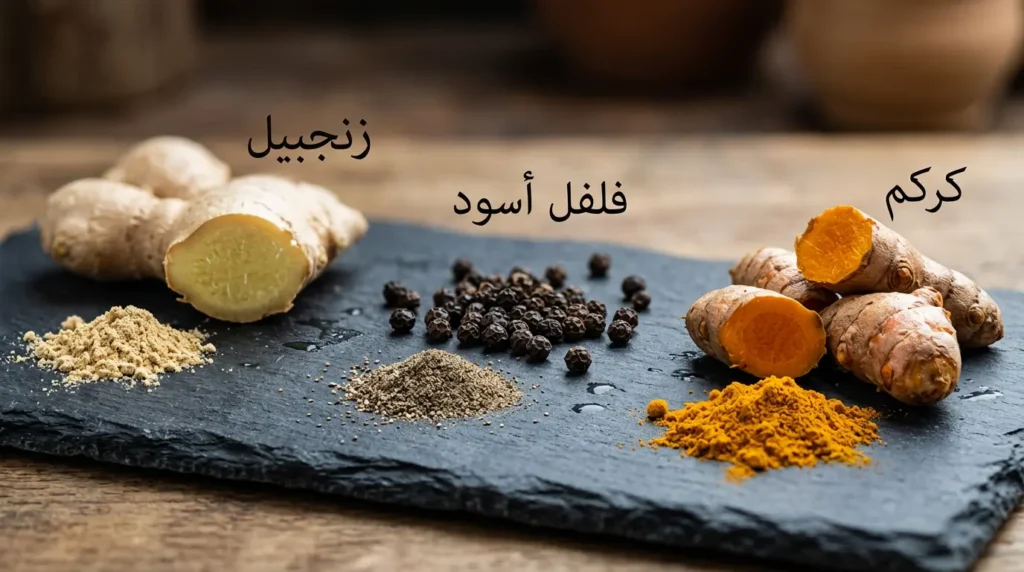 تصوير ماكرو احترافي لجذور الكركم الطازج والفلفل الأسود والزنجبيل الطازج مع مساحيقها على سطح حجري داكن بإضاءة طبيعية