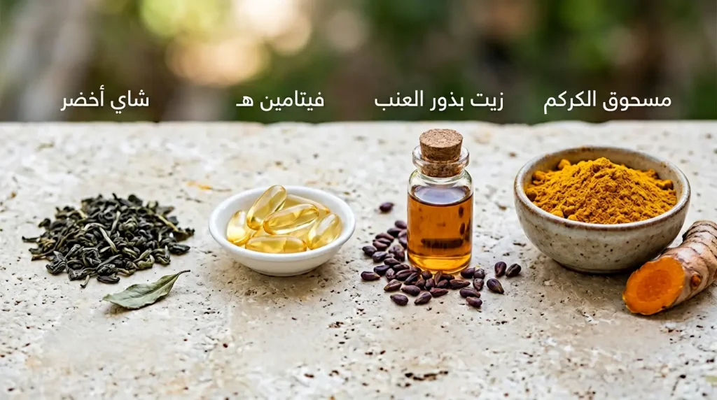 تصوير ماكرو احترافي للكركم وزيت بذور العنب وكبسولات فيتامين E وأوراق الشاي الأخضر كمكملات طبيعية لدعم البشرة
