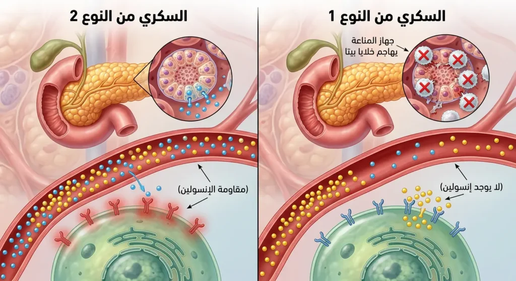 مقارنة بصرية بين السكري من النوع 1 (نقص الإنسولين بسبب هجوم مناعي) والسكري من النوع 2 (مقاومة الخلايا لعمل الإنسولين).
