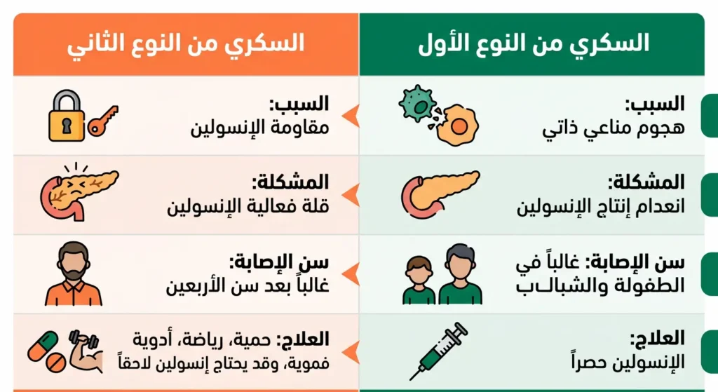 جدول مقارنة يوضح الفروق الأساسية بين السكري من النوع الأول والسكري من النوع الثاني.
