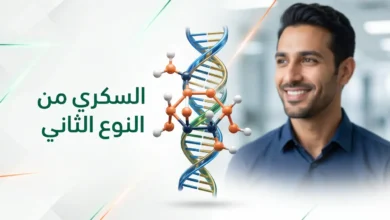 غلاف مقال عن السكري من النوع الثاني يظهر جزيء جلوكوز ورجل ينظر بأمل، رمزاً للتحكم في المرض.