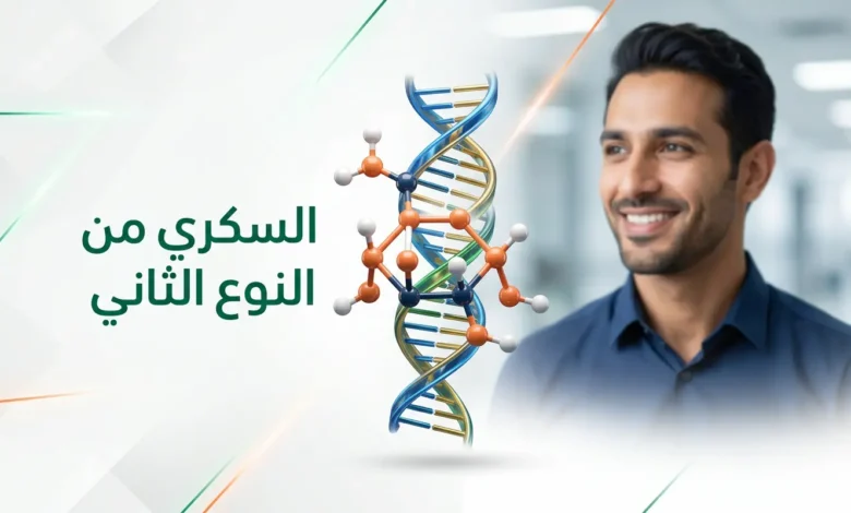 غلاف مقال عن السكري من النوع الثاني يظهر جزيء جلوكوز ورجل ينظر بأمل، رمزاً للتحكم في المرض.